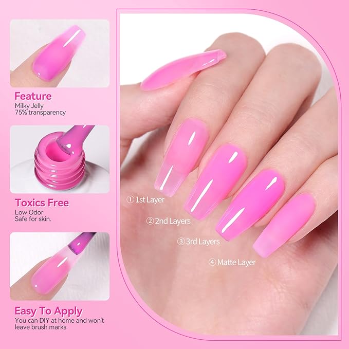 Born Pretty Jelly Pink Gel Nail Polish Halloween Milky Hot Pink Ghost Translucent Gel Polish Soak Off U v LED Light Cure Nail Art Kit for Salon Manicure and DIY at Home