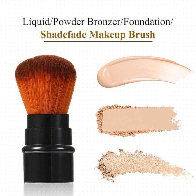 Vtrem 3 Colors Retractable Makeup Brush Travel Blush Brushes Kabuki Foundation Brush Portable Face Powder Brush Mini Makeup Brush Set with Cover, Red/Black/Brown