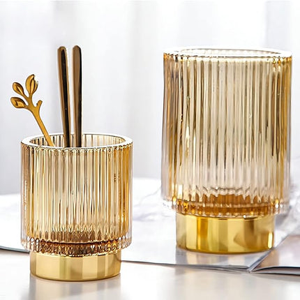 DASITON Makeup Brush holder Organizer,Crystal Cosmetic Makeup Brush Glass Brushes Storage Holder, Vintage Make Up Brush Cup Pen Pencil Holder striped vase(Coffee S＋L)