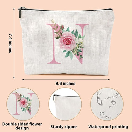 Pink Monogram Makeup Bag, Initial N, Cosmetic Bag Personalized Travel Organizer Bags Makeup Pouch, Monogrammed Gifts for Women Girls Friend Sisters Boss Bridesmaid Wedding Bridal Shower Gifts