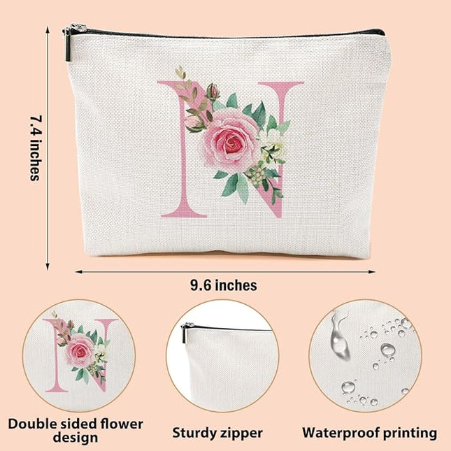 Pink Monogram Makeup Bag, Initial N, Cosmetic Bag Personalized Travel Organizer Bags Makeup Pouch, Monogrammed Gifts for Women Girls Friend Sisters Boss Bridesmaid Wedding Bridal Shower Gifts