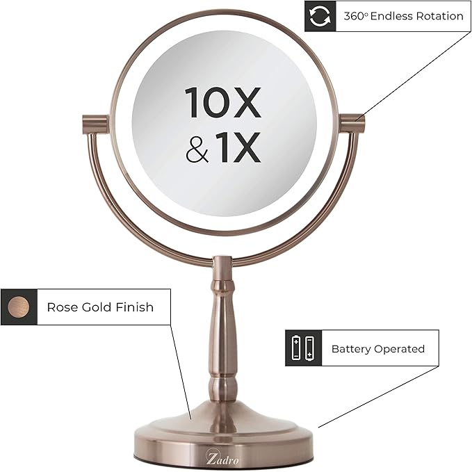 Zadro 9" Round LED Makeup Mirror with Lights and Magnification 5&10X/1X AA Battery Operated Swivel Lighted Makeup Mirror