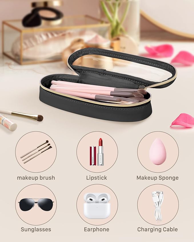 Clear Travel Makeup Brush Holder, Leather Makeup Brush Toiletry Bag, Portable Cosmetic Brush Case, Transparent Waterproof Makeup Brush Storage Bag, Black, Large