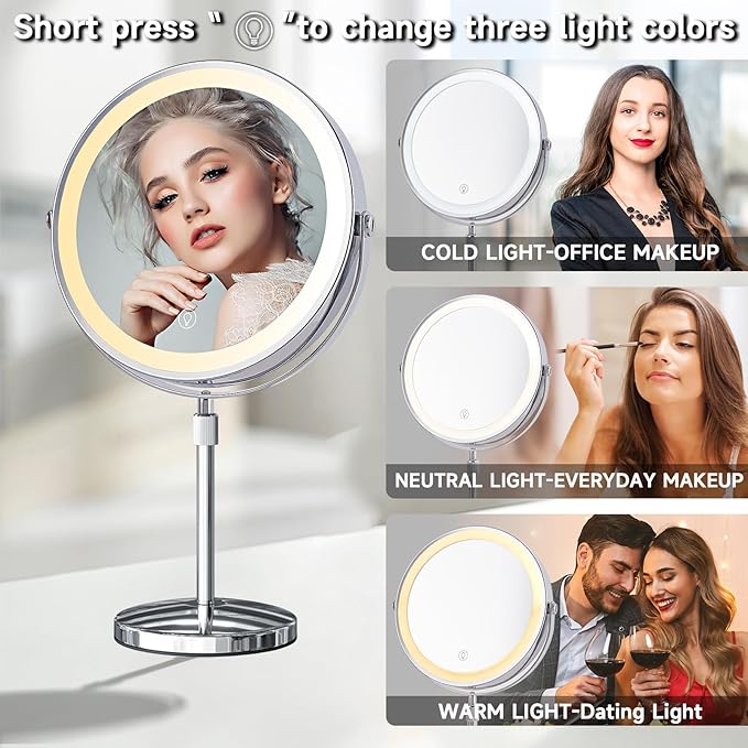 1X/10X Magnifying Makeup Mirror with Lights - 9" Large Dual-Sided Vanity Mirror with 3 Color Lights for Women's Travel Cosmetic Mirror | 3000 mAh-USB Rechargeable | 360° Rotation | Adjustable Height