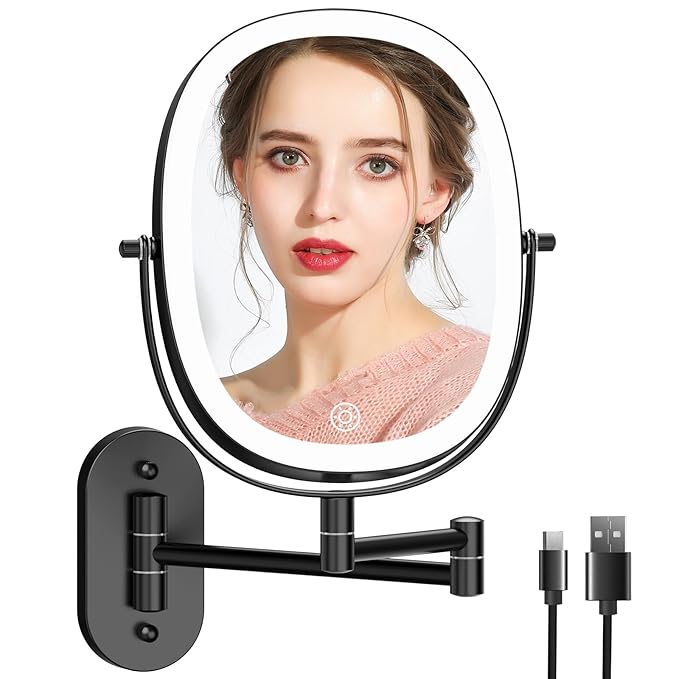 FUNTOUCH Rechargeable Wall Mounted Lighted Makeup Vanity Mirror, Double Sided 1X/7X Magnification, 3 Dimmable Light Settings, Extension Arm, Oval Frame, Ideal for Makeup