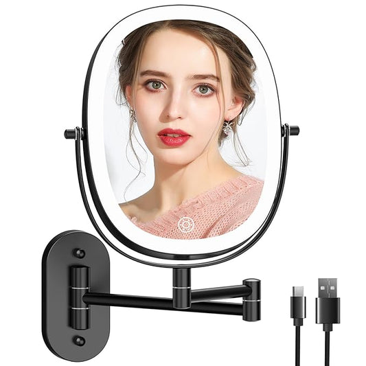 FUNTOUCH Rechargeable Wall Mounted Lighted Makeup Vanity Mirror, Double Sided 1X/7X Magnification, 3 Dimmable Light Settings, Extension Arm, Oval Frame, Ideal for Makeup
