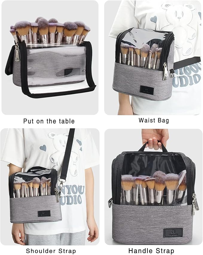 Makeup Brush Case Makeup Brush Holder Travel Makeup Bag for Women Stand-up Brush Cosmetic Bags Professional Makeup Artist Storage Organizer with Shoulder Starp and Adjustable Dividers