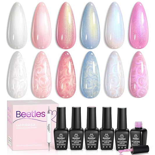Beetles Pearl Gel Nail Polish Set - 6 Colors Pearl White Gel Nail Polish Mermaid Soak Off Uv Led Fall Winter Pink Blue Polish Swirl Thread Effect DIY Manicure Art Gift for Women
