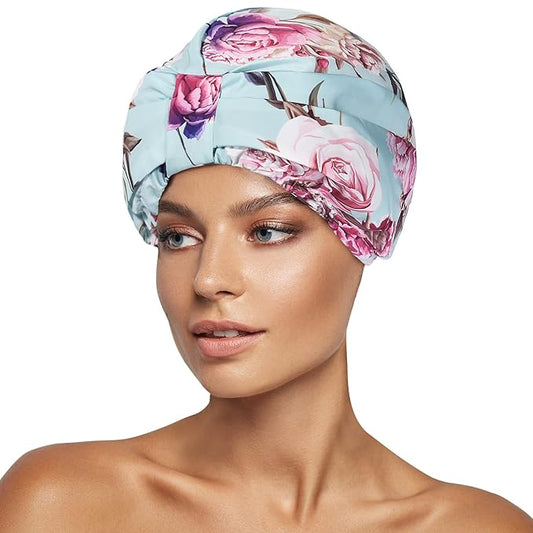 INNELO Luxury Shower Cap for Women Reusable Waterproof, Double Layered Shower Hair Cap with Adjustable Elastic Strap, Large Satin Lined Shower Bath Cap for Long Curly Straight Hair, Green-Flower