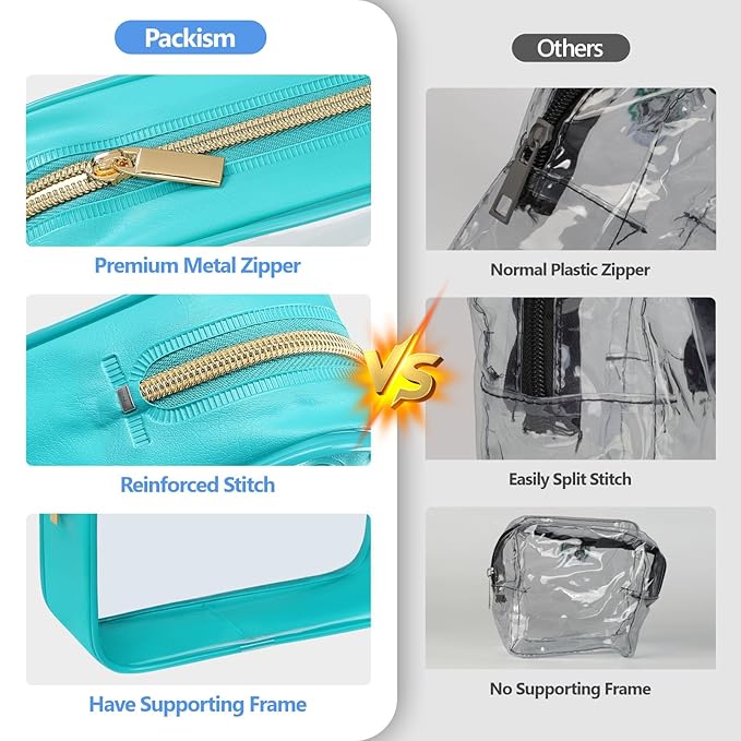 PACKISM TSA Approved Toiletry Bag - Clear Makeup Bag Waterproof Quart Size Bag, Travel Makeup Cosmetic Bag for Women Men, Carry on Airport Airline Compliant Bag, 3 Pack