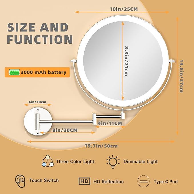 10" Wall Mounted Makeup Mirror with Light, 3000mAh Rechargeable Double Sided 1X / 7X Magnifying Vanity Mirror, 3 Color Lights Touch Dimmable 360° Rotation Bathroom Mirror, Chrome