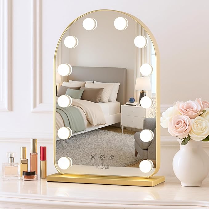 LUXFURNI Vanity Mirror with Lights, 20.5" L x 13" W Arched LED Makeup Mirror, Lighted Makeup Mirror with Lights, Smart Touch Control Dimmable 3 Modes Light, Gold