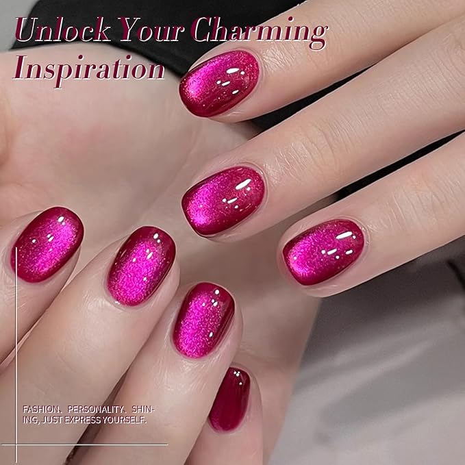 BORN PRETTY Gel Nail Polish Hot Pink Pitaya Red Color Gel Polish Ice Glass Cat Magnetic Eye Effect Holographic Glitter Shimmer Soak Off Nail Art Manicure DIY Salon and Home Sweetheart Series