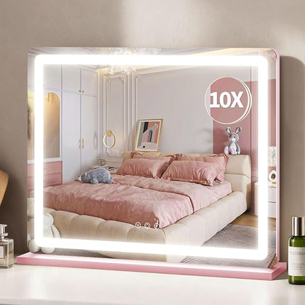 ROLOVE Pink Makeup Mirror with Lights, 23x18 Inch - 3 Color Modes, Dimmable LED Light up Mirror with 10X Magnification - Pink Vanity Mirror Wall&Tabletop Mount for Teen Girls