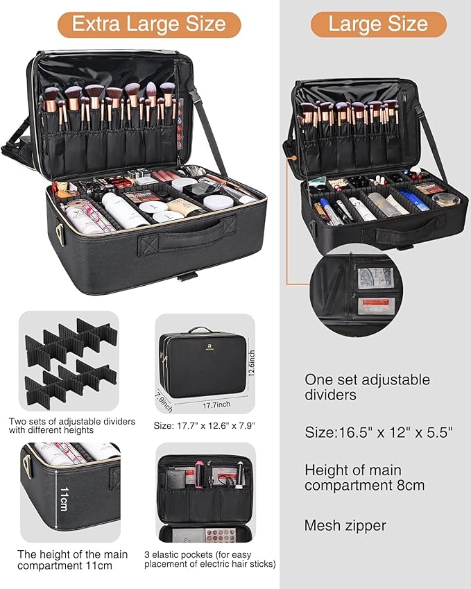 Relavel Extra Large Makeup Bag, Makeup Case Professional Makeup Artist Kit Train Case Travel Cosmetic Bag Brush Organizer, Waterproof Leather Material, with Adjustable Shoulder Straps and Dividers