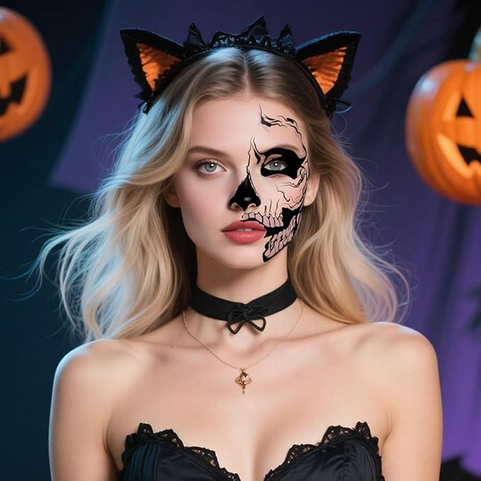 8Pcs Halloween Scary Semi Face Tattoos, Spooky Halloween Face Tattoos Stickers, Face Temporary Tattoos,Face Makeup Tattoo Stickers for Halloween Cosplay Party DIY Decorations