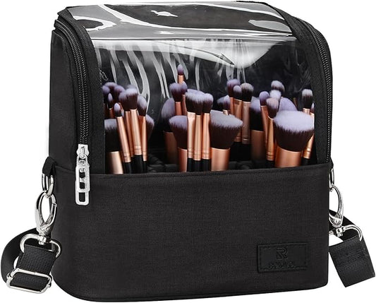 Makeup Brush Case Stand-up Makeup Cup Travel Professional Cosmetic Bag Artist Storage Bag Large Makeup Brush Bag with Adjustable Divider (Large, Black)
