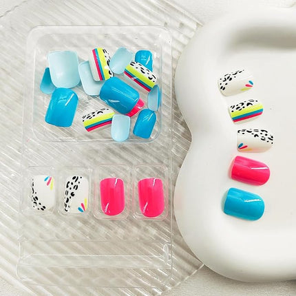 Short Press on Nails Square Fake Nails Black Leopard Print Acrylic Full Cover False Nails Press ons Glossy Blue Rose Red Glue on Nails Artificial Nails Short Stick on Nails for Women Girls 24 Pcs