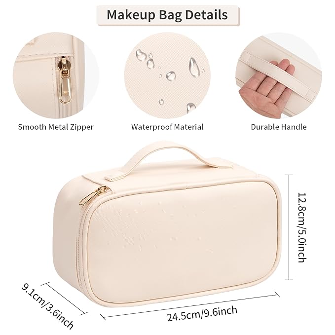 OCHEAL Small Makeup Bag,Portable Cute Makeup Pouch Travel Bag for Women and Girls with Makeup Brush Compartment Organizer cosmetics Bags-Beige