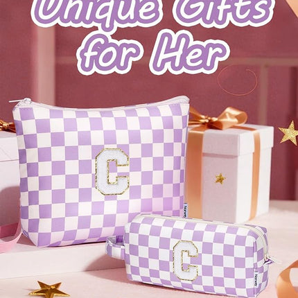 Narwey 2 PCS Valentines Day Gifts for Her Girlfriend Women Initial Makeup Bag, Teen Girls Gifts Trendy Stuff 10 11 12 14 13 15 16 Years Old, Travel Toiletry Bags Cosmetic Bag Teacher Gift (C)