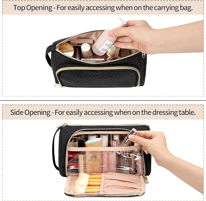 Makeup Bag, Small Cosmetic Bag with Makeup Brush Comparment, 2 in 1 Cute Make Up Organizer Pouch for Women Girls, Portable Travel Toiletry Bag
