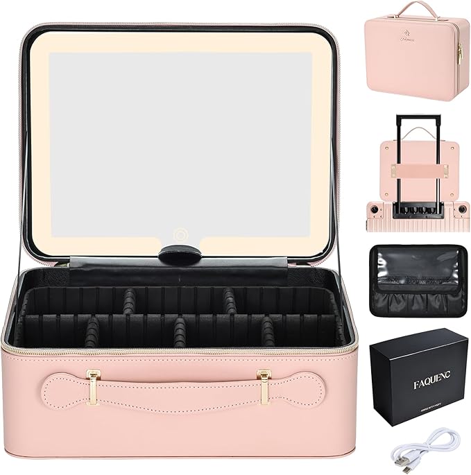 Leather Makeup Case with LED Lighted Mirror 11.4 Inch Travel Makeup Bag Adjustable Brightness in 3 Colors Cosmetic Organizer Artist Storage Bag with Dividers Brush Holder Storage Vanity Pink