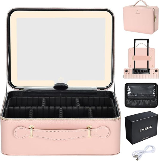 Leather Makeup Case with LED Lighted Mirror 11.4 Inch Travel Makeup Bag Adjustable Brightness in 3 Colors Cosmetic Organizer Artist Storage Bag with Dividers Brush Holder Storage Vanity Pink