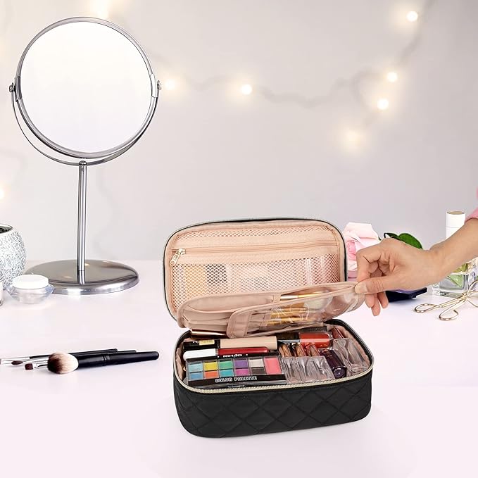 OCHEAL Makeup Bag with Brush Compartment - Small Travel Cosmetic Organizer for Women, Portable Makeup Brush Pouch with Dividers, Cute Toiletry Bag for Girls -Black