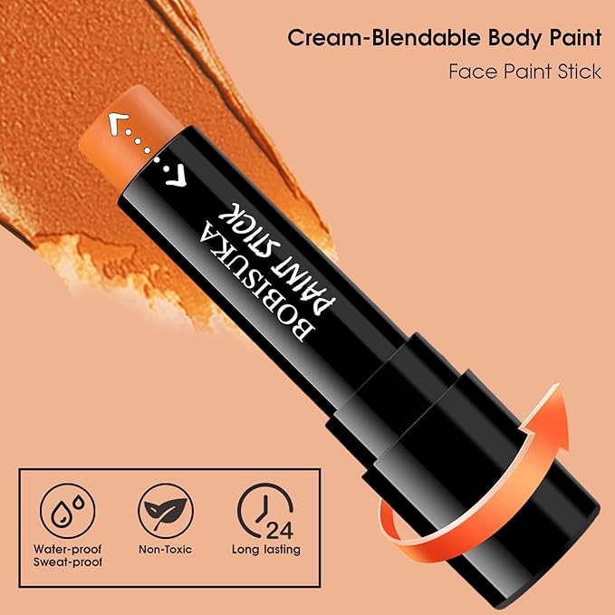 BOBISUKA Orange Face Paint Stick – Creamy Blendable Sweatproof Eye Black for Sports Halloween SFX Cosplay Costume Makeup, Great for Pumpkin, Tiger, Fire Makeup Looks
