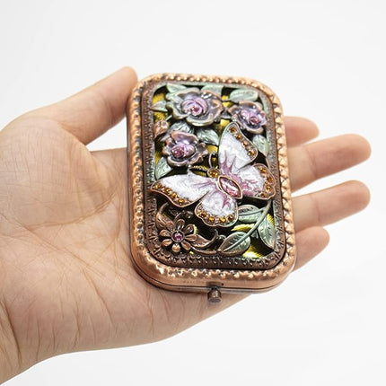 Warmtree Vintage Makeup Mirror Metal Portable Foldable Mirror Butterfly Vanity Mirror Double Sided Compact Cosmetic Mirror Travel Mirror (A)