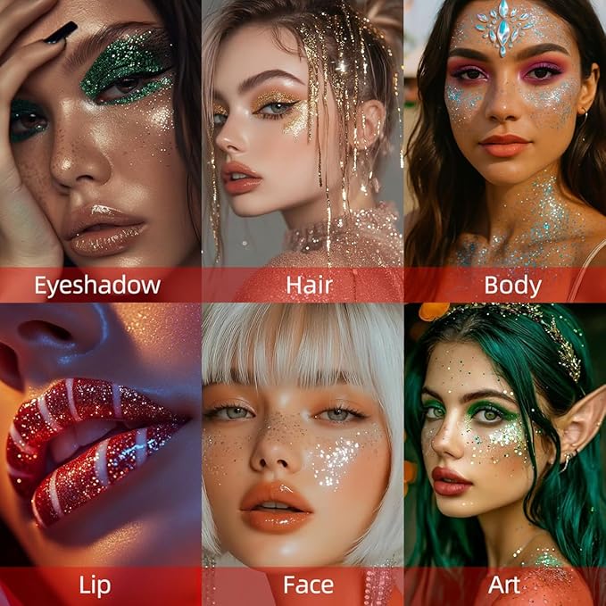 Christmas Body Glitter Stick Red Face Glitter Green Hair Glitter Christmas Face Paint Rave Makeup Glitter Festive Face Gems Halloween Fine Chunky Glitter Stick for Women Girls 2Pack