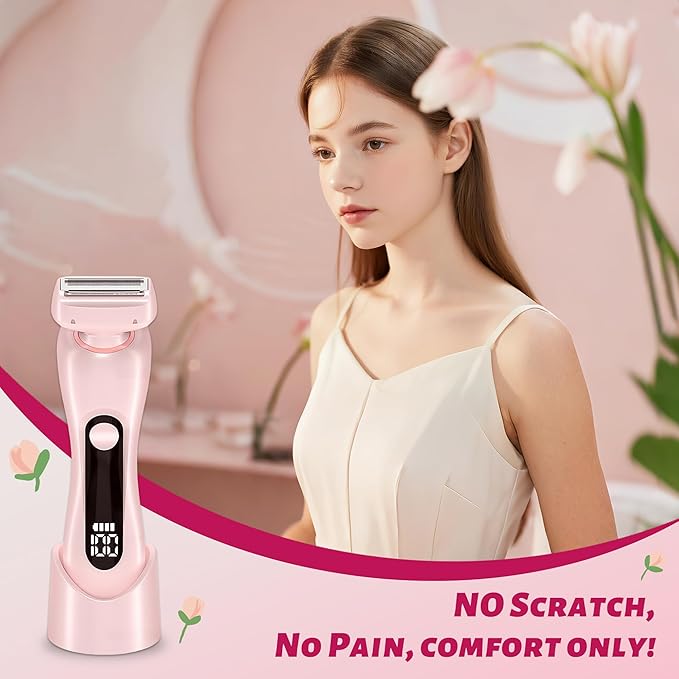 2 in 1 Electric Shaver for Women Wet Dry Dual Use IPX7 Waterproof with LED Display USB Recharge Dock Dry Use Body Hair Trimmer and Facial Hair Remover for Bikini Underarm Leg Arm Face (Pink)