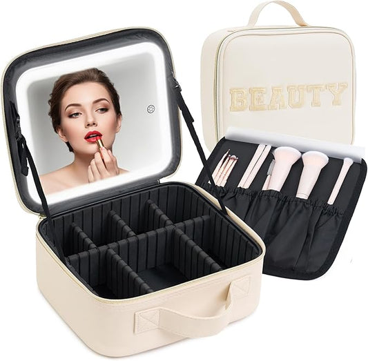 Makeup Bag with LED Mirror – Travel Cosmetic Organizer with Lighted Mirror, Adjustable Dividers & Brush Holder Storage – Portable PU Leather Makeup Case for Women & Girls - Cream