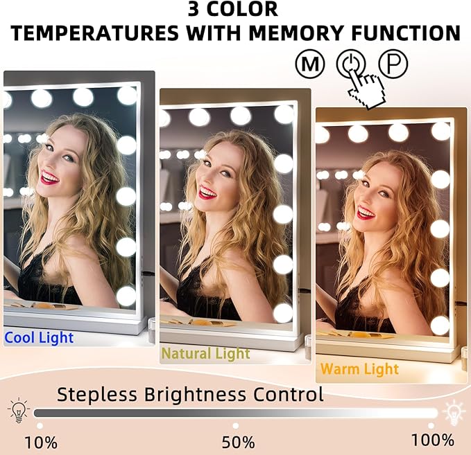 Fenair Vanity Mirror with Lights 22.8"x 18.1" Makeup Mirror with Lights and 15 Dimmable Bulbs,3 Colors Modes,Hollywood Mirror with USB Charging Port and 10X Detachable Magnification Mirror