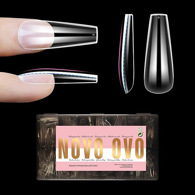 NOVO OVO Long Coffin Nail Tips NATURAL (Not SCULPTED) for Flat Nail Beds, Extra Thick L Length False Nails Press on, Full Cover Soft Gel Fake Nail Extension, Salon DIY x 15 Sizes 450 pcs