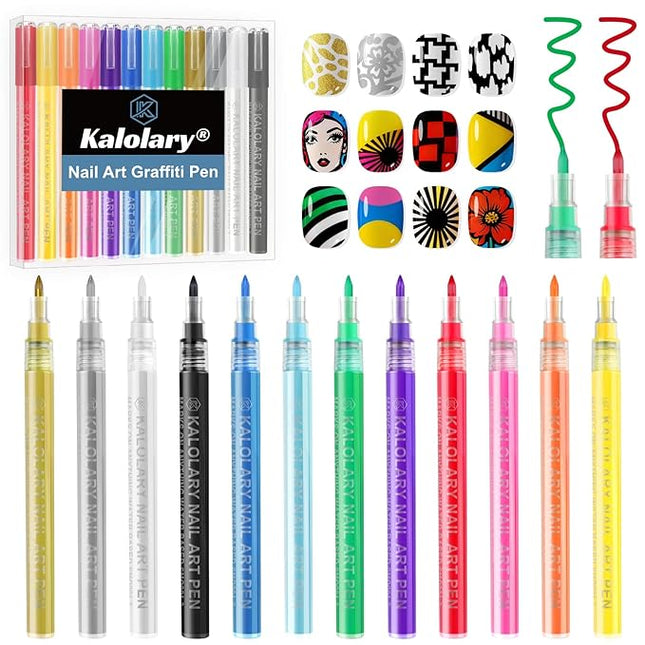 Kalolary 12 Color Nail Art Pens Set, 0.7MM Fine Tip Nail Polish Pens Acrylic Paint Pen Nail Art Markers Quick-Drying Nail Art Tools for Dotting Drawing Painting DIY Nail Art Beauty Manicure（H）