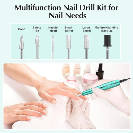 JIASHENG USB Electric Nail Drill, Portable Electric Nail File for Acrylic Gel Nails, Professional Drill Nail Kit Manicure and Pedicure Kit with Drill Bits for Home and Salon Use, Green