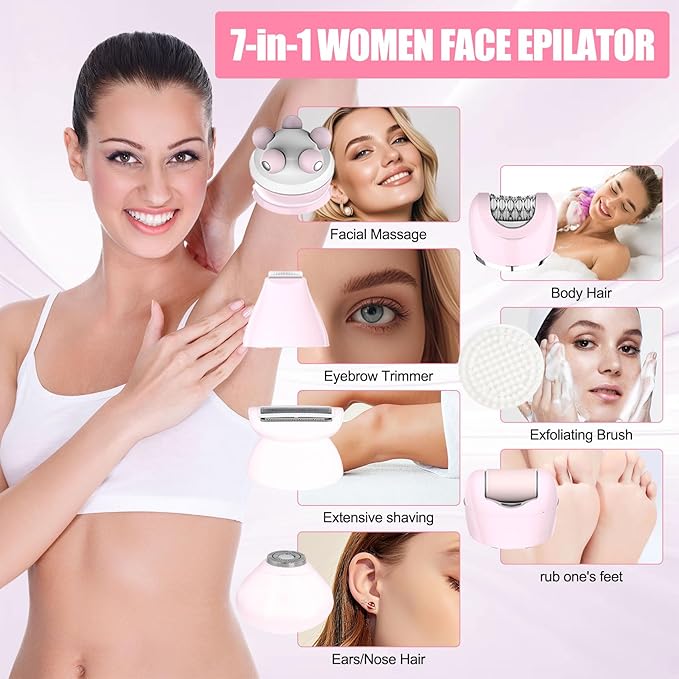 3.0 Women Face Epilator, 7-in-1 Rechargeable Facial Hair Remover with LED Battery Display, Facial Shaver for Face, Eyebrow, Nose Trimmer (Pink)