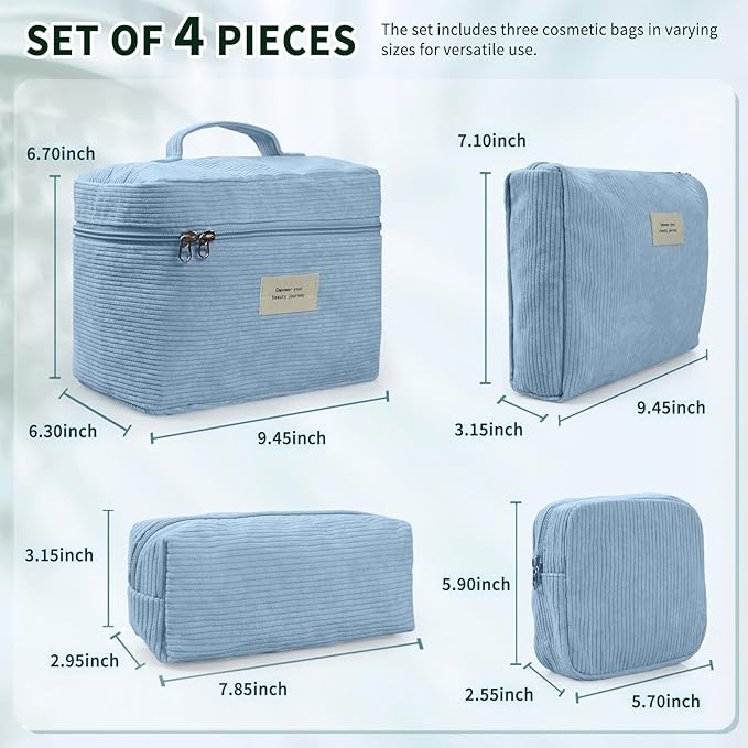 4 Pcs Makeup Bag for Women Corduroy Cosmetic Bag Aesthetic Cute Bags Multi Size Purse Pouch Travel Toiletry Bag Set Makeup Organizer with Zipper (07-Blue)