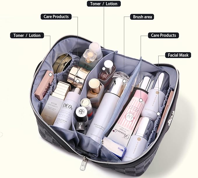 BOYATU Travel Makeup Bag for Women: Large Cosmetic Bag Set of 3 - PU Leather Make up Bag with Compartments - Compact Waterproof Toiletry Bag with Divider & Handle (C-02Black)