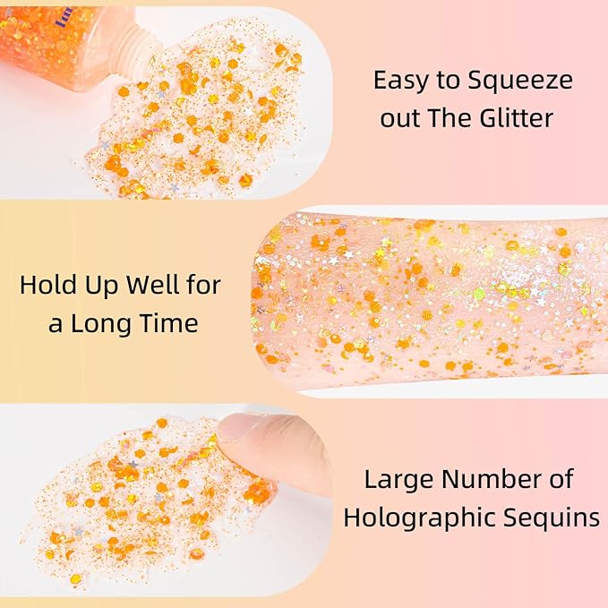 MEICOLY Orange Face Body Glitter,Sparkling Face Glitter Gel,Mermaid Sequins Face Paint Glitter Autumn Makeup,Eye Hair Chunky Festival Rave Accessories Makeup,Party Body Glitter Gel for Women Kids,50ml