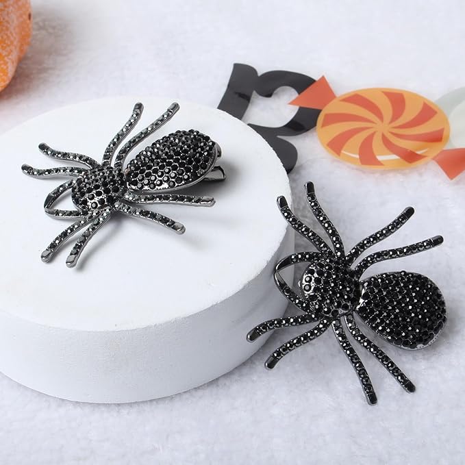 2PCS Black Spider Hair Clips for Women Girls Hiphop Metal Spooky Halloween Hair Clip With Stone Barrette for Styling Halloween Hair Accessories