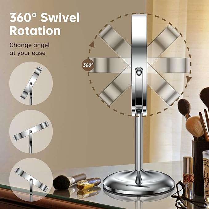 Gospire 7" Lighted Makeup Mirror with Magnification 10X/1X, Rechargeable Cordless Stepless Dimming LED Lights, 360° Swivel Magnifying Cosmetic Vanity Standing Mirror for Dresser, Bathroom