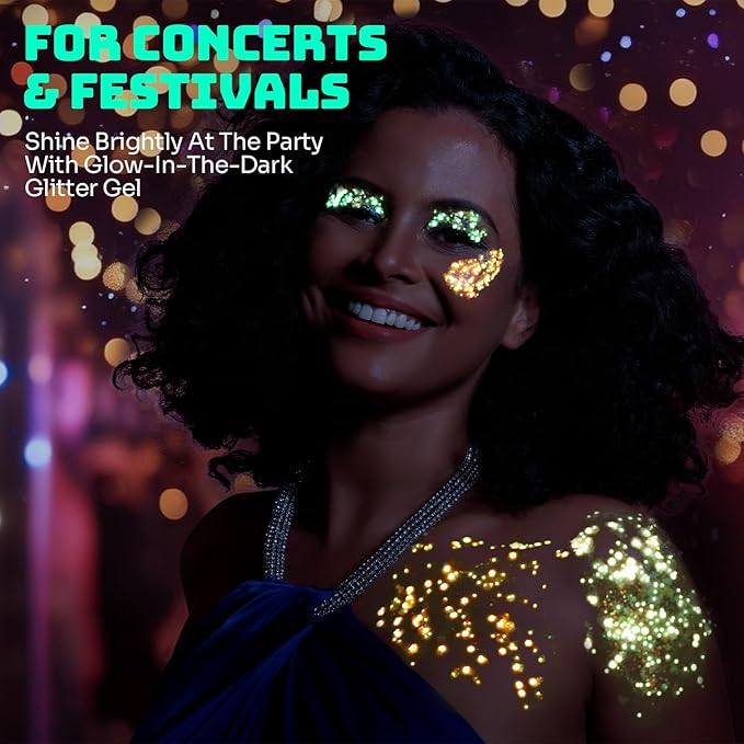 Teenitor 6 Colors Body Glitter Face Glitter, Glow in The Dark Glitter Gel, Glow in The Dark Face Paint for UV Black Light Concerts Party Rave Accessories
