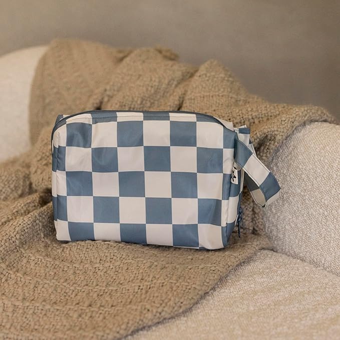 Tiny Twinkle Portable Waterproof Makeup Bag | Travel-Friendly Cosmetic Organizer with Convenient Carry Handle | Spacious Interior, and Secure Zipper Closure (Blue Checkers)