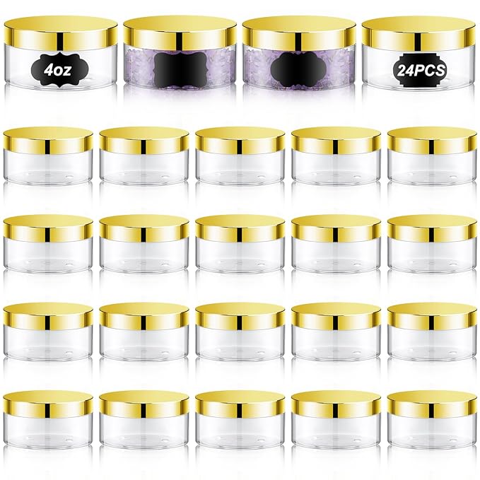 Dandat 24 Pcs 4 oz Plastic Jar Container with Lid and Label Refillable Empty Round Clear with Gold PET Cosmetic Sample Containers for Lotion, Cream, Ointments, Body Butter, Makeup, Travel Storage