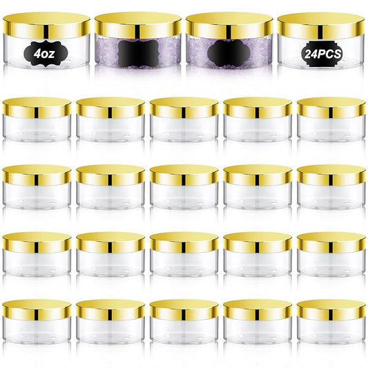 Dandat 24 Pcs 4 oz Plastic Jar Container with Lid and Label Refillable Empty Round Clear with Gold PET Cosmetic Sample Containers for Lotion, Cream, Ointments, Body Butter, Makeup, Travel Storage