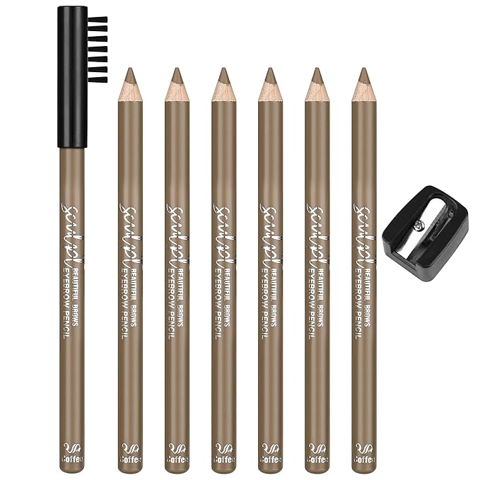 6Pcs Eyebrow pencil wooden，Brow Kit with Brush and Sharpener，Eyebrow Pencils for Women，Fine Tip Eye Brow Eye Liner for Eye Makeup,Shapes, Defines, Fills Brows (Medium Brown-01)