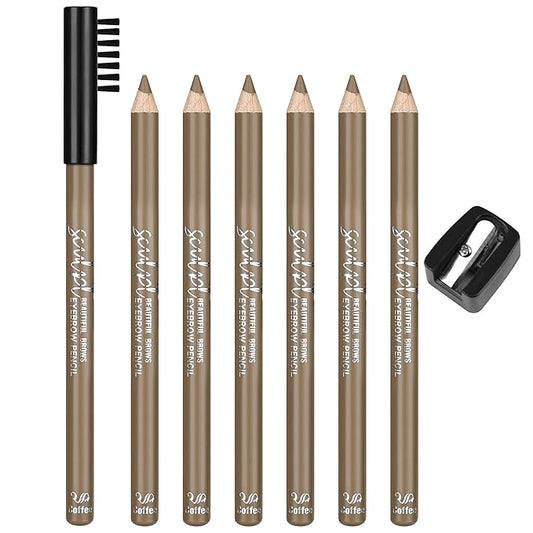 6Pcs Eyebrow pencil wooden，Brow Kit with Brush and Sharpener，Eyebrow Pencils for Women，Fine Tip Eye Brow Eye Liner for Eye Makeup,Shapes, Defines, Fills Brows (Medium Brown-01)