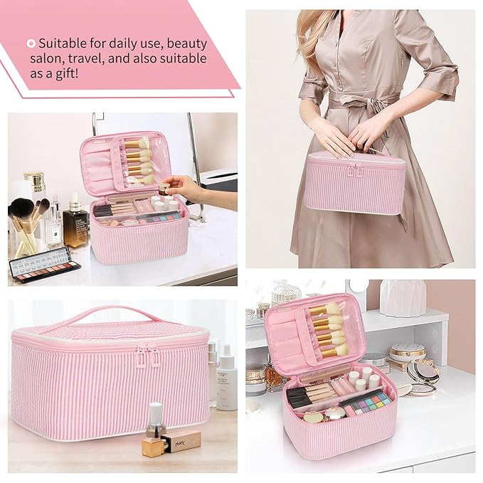 OCHEAL Makeup Bag for Women - Travel Cosmetic Organizer with Brush Slot & Divider, Large Capacity Toiletry Bag for Girls, Travel Makeup Case for everyday Make up Accessories -Pink stripes